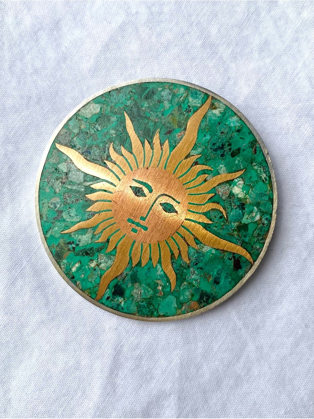 Vintage Silver Celestial Sun Crushed Stone Brass Copper Brooch